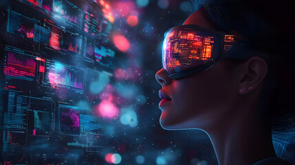 A woman wearing futuristic virtual reality glasses, immersed in a digital display of data.