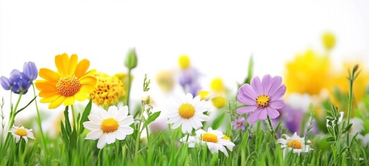 Spring background banner long - Panorama of blooming flowers on spring / summer meadow field, isolated on white background