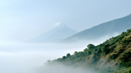 breathtaking view of manaslu mountain shrouded in light fog serene beauty of landscape