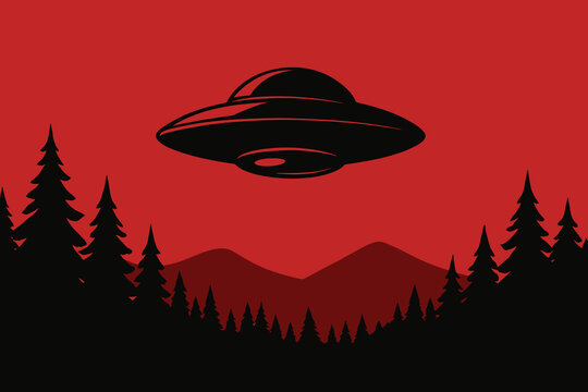 Silhouette of UFO over Mountainous Forest at Sunset