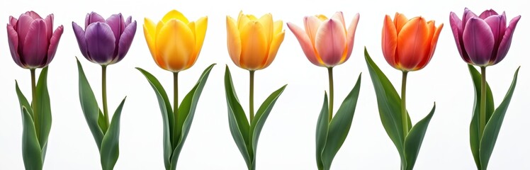 Naklejka premium Collection of vibrant tulips in assorted colors against clean white backdrop. Blooms showcase beautiful petals, green leaves, stems. Perfect for spring, floral designs. Ideal for holiday greetings,