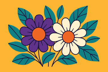Vibrant Purple and White Flowers with Teal Leaves on Yellow Background