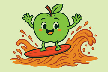 Happy Green Apple Cartoon Surfing a Wave