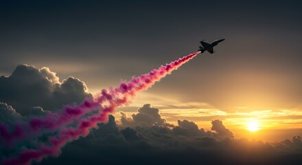 Spectacular Sunset Airshow Jet Plane Leaving a Pink Smoke Trail Across a Dramatic Cloudy Sky