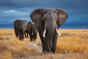 Fototapeta premium African Elephants on the Savanna Under a Dramatic Sky