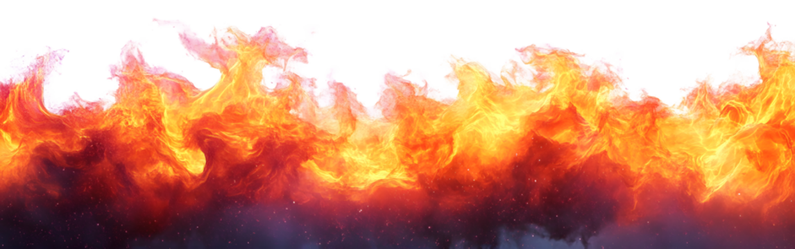 Vibrant, intense fire with dynamic flames and heat waves against a stark, isolated on a white backdrop