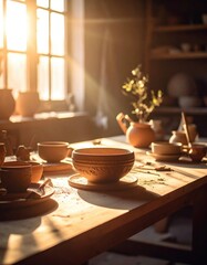 Warm sunlight pours into an artistic pottery studio as clay creations come to life.