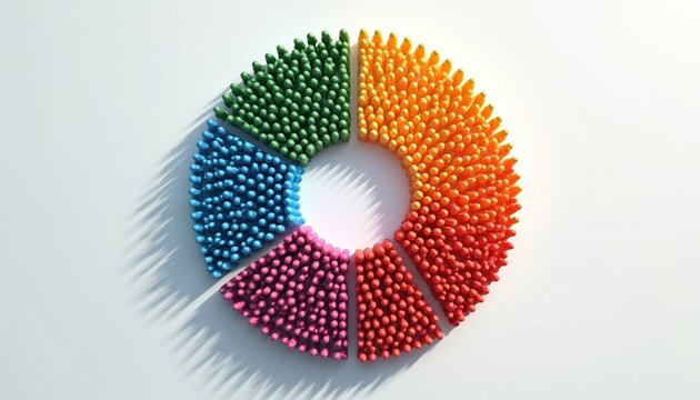 Infographic pie chart composed of colorful elements. Visual data representation for business report. Statistical analysis of finance market. Segmented circle shape, business concept for success.
