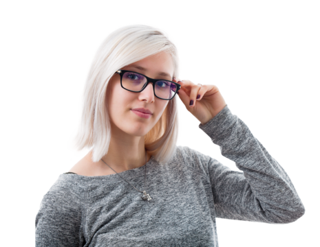 Business woman wearing eyeglasses keeps hand to glasses looking to camera isolated on transparent background