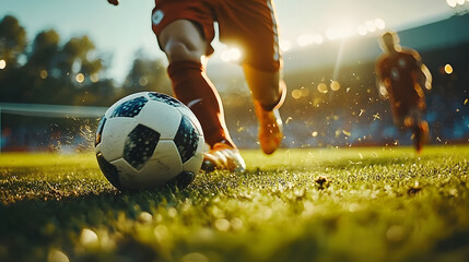 Close up of a soccer player dribbling the ball during a match.