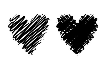 Two black ink sketch scribble hearts in hand-drawn style on white background, symbolizing love, creativity, and artistic expression