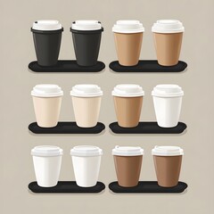 Coffee to-go tray with multiple cups, icon set,