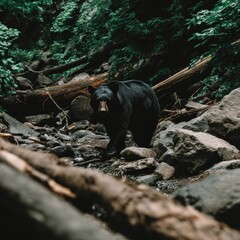 Black Bear in Dark Forest Stream, Rocky Terrain, Moody Lighting