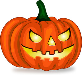 Spooky Halloween pumpkin isolated on transparent background, smiling Halloween pumpkin character with glowing eyes, vector illustration,
