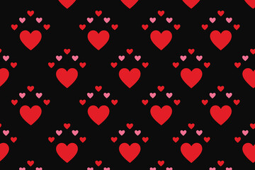 Seamless Pattern of Red and Pink Hearts on Black Background