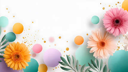 Colorful floral arrangement with vibrant flowers and decorative circles on a soft background, perfect for spring-themed designs and celebrations. Selective focus