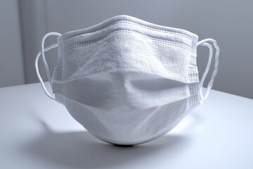 Close-up of a white surgical mask on a white surface, designed to protect against viruses and bacteria, emphasizing hygiene and personal safety, medical protection.