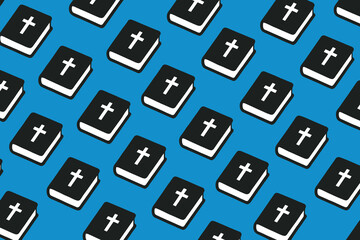 Repeating Pattern of Books with Crosses on Blue Background