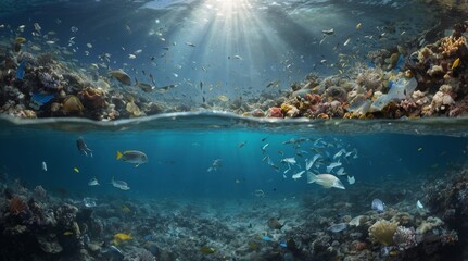 Fototapeta premium #BeatPlasticPollution: 3D Split Ocean, Plastic vs Clean