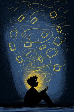 Flat illustration poster, Thoughts consumed by the screen glow in the silence of the night