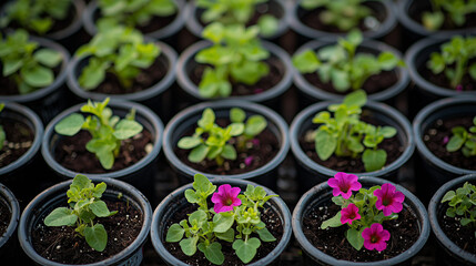 Santos Populares, Vibrant Pink Petunias and Lush Green Seedlings in Black Pots Greenhouse Gardening