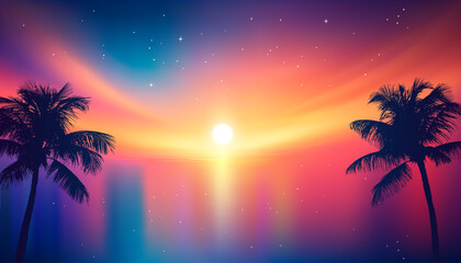 Tropical Sunset with Silhouetted Palm Trees and Colorful Gradient Sky Reflected on Water