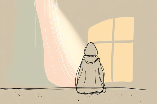 A person in a hoodie sitting alone in a dark room, Silent hope through the window light