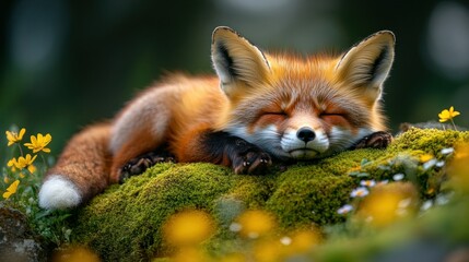 Obraz premium Sleepy Fox in Mossy Meadow