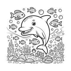 Cute Dolphin and Fish Coloring Page

