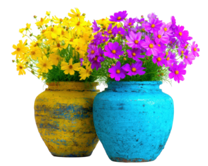 Vibrant flower arrangements in vintage vases create cheerful atmosphere, showcasing bright yellow and pink blooms that evoke joy and warmth. Perfect for home decor or special occasions