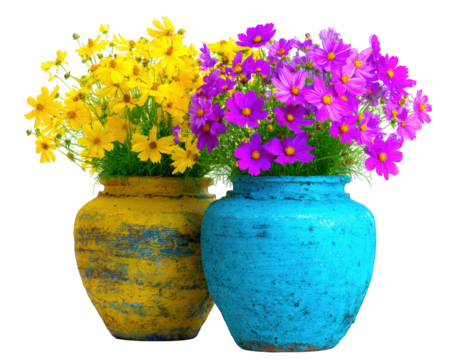 Vibrant flower arrangements in vintage vases create cheerful atmosphere, showcasing bright yellow and pink blooms that evoke joy and warmth. Perfect for home decor or special occasions
