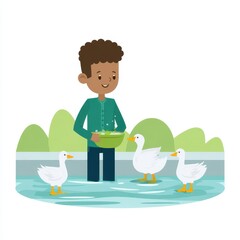 Boy Feeding White Ducks by the Water in a Cartoon Illustration