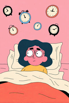 Funny flat character in bed with alarm clocks, can&rsquo;t sleep due to anxiety and time pressure
