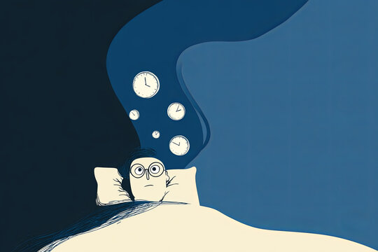 Cartoon character in bed with alarm clocks, symbolic flat illustration of insomnia and sleeplessness