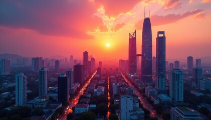 Fototapeta premium High-rise buildings in a vibrant Asian city at sunset, showcasing modern architecture and urban development , asian, asia pacific