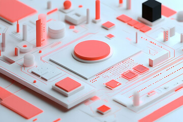 Abstract geometric shapes arranged on a circuit board design.