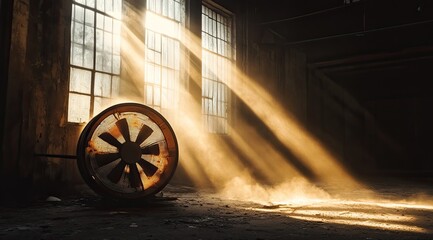 Sunbeams illuminate a dusty, abandoned industrial space; a large, rusty fan sits in the foreground, catching the light