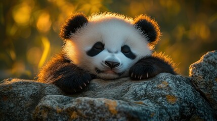 Obraz premium Sleepy Panda Cub Resting on Rocks