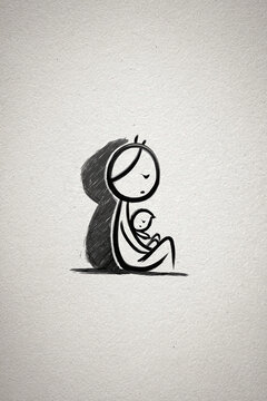 Flat design minimalistic poster, mother holding a baby, Postpartum exhaustion in silence