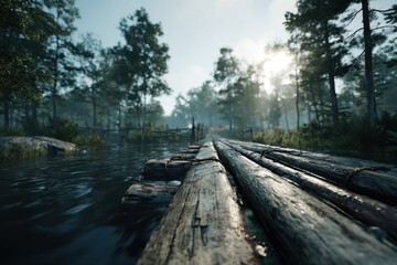 Fototapeta premium A rustic wooden bridge stretching across a serene river, with sunlight filtering through the dense forest creating a tranquil and picturesque natural landscape view.