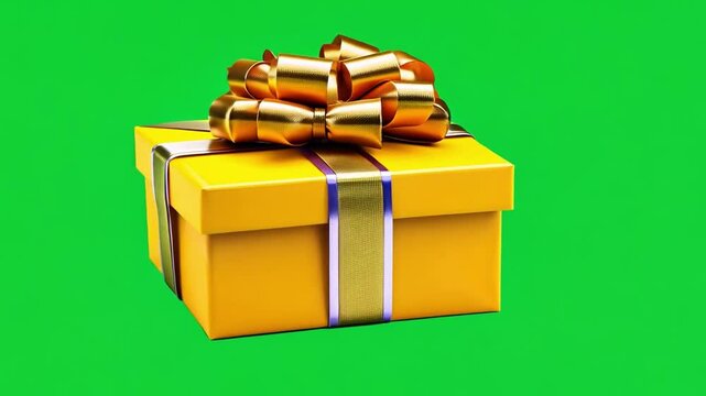 Bright Yellow Gift Box with Golden Ribbon on a Green Background Ready for Celebrations and Special Occasions