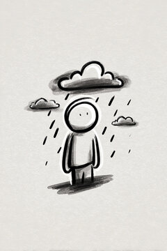 Alone in the Rainstorm &mdash; Minimalist Sad Character Under Cloudy Sky