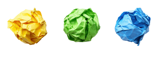 Three crumpled paper balls, yellow, green, and blue, are shown against a black background