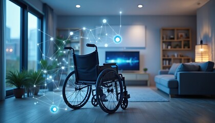 Wheelchair in modern living room connected with smart home tech. Illustration shows concept of tech integration for accessibility, independence. Assistive tech provides automated solutions for people