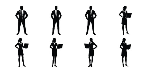 Businessman silhouette in formal attire standing confidently, collection of business person vector illustrations