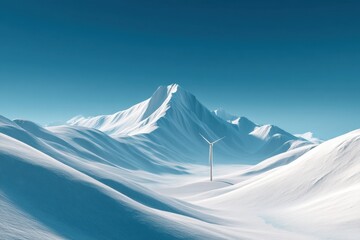 A serene, minimalist winter landscape featuring snow-covered mountains and a lone wind turbine set against a clear blue sky, conveying sustainability and clean energy.