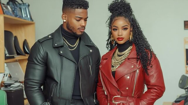 Couple Fashion Leather Jackets Studio Portrait