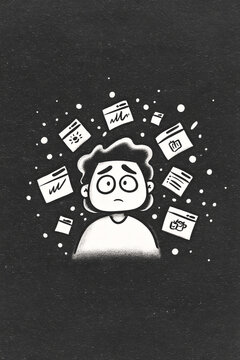 Black and white cartoon illustration of ADHD and digital overload in children and teens