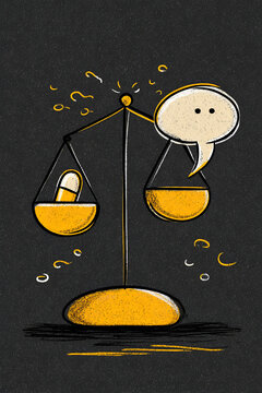 Choosing between talk therapy and pills &mdash; symbolic hand-drawn sketch of mental health care