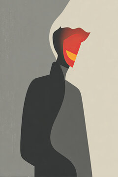 Smiling mask hiding inner shadow &mdash; stylized man split between bright face and dark silhouette